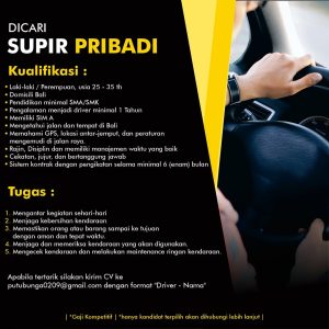 Lowongan Kerja Sebagai Supir Pribadi untuk Penempatan di Bali