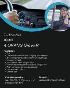 Lowongan Kerja Sebagai Supir untuk CV. Boga Jaya Penempatan di Denpasar