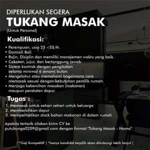 Lowongan Kerja Sebagai Tukang Masak untuk Pribadi Penempatan di Bali