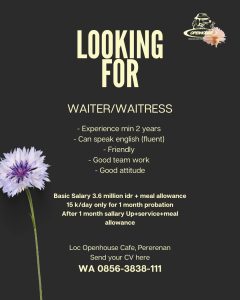 Lowongan Kerja Sebagai Waiter/Waitress untuk Loc Openhouse Cafe Penempatan di Pererenan, Badung