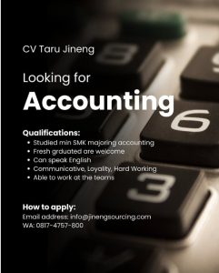 Lowongan Kerja Sebagai Accounting untuk CV. Taru Jineng Penempatan di Denpasar