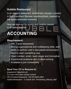 Lowongan Kerja Sebagai Accounting untuk Hubble Restaurant Penempatan di Tibubeneng, Badung