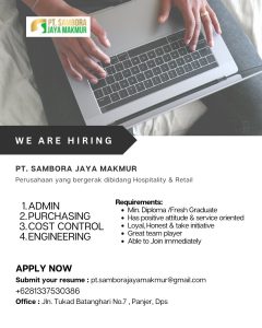 Lowongan Kerja Sebagai Admin, Purchasing, Cost Control, Engineering untuk PT. Sambora Jaya Makmur Penempatan di Denpasar