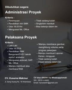 Lowongan Kerja Sebagai Administrasi Proyek untuk CV Kusuma Makmur Penempatan di Abianbase, Badung