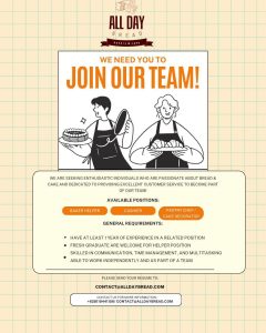 Lowongan Kerja Sebagai Baker Helper, Cashier, Pastry Chef / Cake Decoration untuk Allday Bread Penempatan di Bali