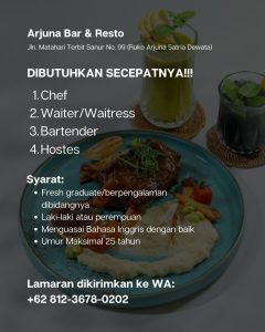 Lowongan Kerja Sebagai Chef, Waiter/ss, Bartender, Hostess untuk Arjuna Bar & Resto Penempatan di Sanur, Denpasar