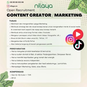 Lowongan Kerja Sebagai Content Creator / Marketing untuk Nilaya Penempatan di Denpasar
