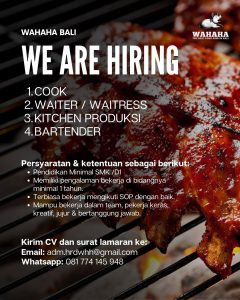 Lowongan Kerja Sebagai Cook, Waiter/ss, Kitchen Produksi, Bartender untuk Wahaha Bali Penempatan di Badung