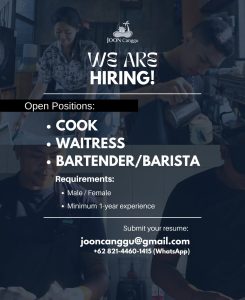 Lowongan Kerja Sebagai Cook, Waitress, Bartender/Barista untuk Joon Canggu Penempatan di Badung