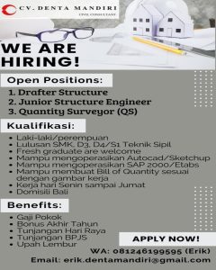 Lowongan Kerja Sebagai Drafter Structure, Junior Structure Engineer dan Quantity Surveyor (QS) untuk CV. Denta Mandiri Penempatan di Klungkung