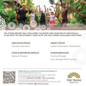 Lowongan Kerja Sebagai Executive Office, Food & Beverage Service, Front Office,    Human Resource untuk The Trans Resort Bali  Penempatan di Badung