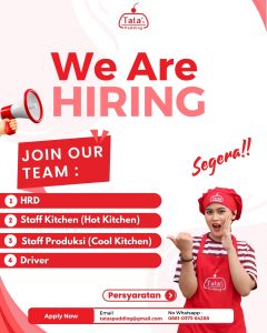 Lowongan Kerja Sebagai HRD, Staff Kitchen (Hot Kitchen), Staff Produksi (Cook Kitchen), Driver untuk Tata’s Pudding Penempatan di Denpasar