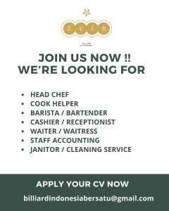 Lowongan Kerja Sebagai Head Kitchen, Cook Helper, Barista & Bartender, Kasir & Receptionist untuk Zein Billiard & Cafe Penempatan di Denpasar 