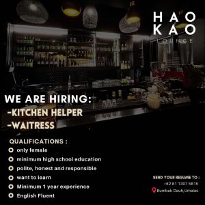 Lowongan Kerja Sebagai Kitchen Helper, Waitress untuk Hao Kao Lounge Penempatan di Umalas, Badung