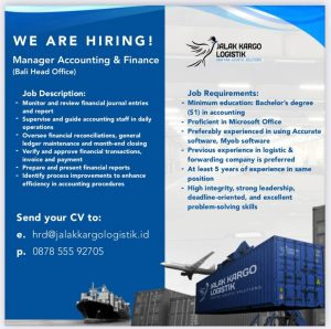 Lowongan Kerja Sebagai Manager Accounting & Finance, Operational Division untuk Jalak Kargo Logistik Penempatan di Seminyak, Badung