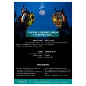 Lowongan Kerja Sebagai Managerial, Supervisor, Staff, Daily Worker untuk Luna Beach Club Penempatan di Tabanan