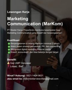 Lowongan Kerja Sebagai Marketing Communication (MarKom) untuk PT Master Karya Propertindo Penempatan di Denpasar