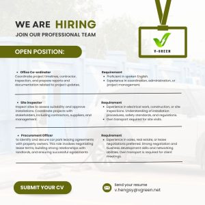 Lowongan Kerja Sebagai Office Co-ordinator, Site Inspector, Procurement Officer  untuk V-Green Penempatan di Denpasar