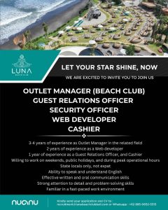 Lowongan Kerja Sebagai Outlet Manager, Guest Ralations Officer, Security Officer, Web Developer, Cashier untuk Luna Beach Club Penempatan di Tabanan 