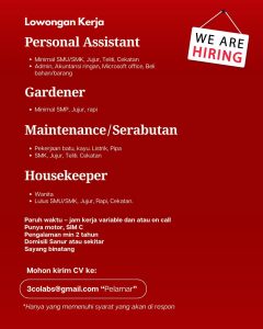 Lowongan Kerja Sebagai Personal Assistant, Gardener, Maintenance / Serabutan, Housekeeper untuk Penempatan di Denpasar