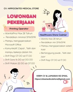 Lowongan Kerja Sebagai Printing Operator dan Kasir untuk CV Hippocrates Medical Store Penempatan di Denpasar
