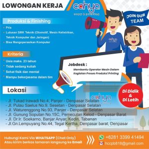 Lowongan Kerja Sebagai Produksi & Finishing untuk Cahya Copy & Printing Penempatan di Bali