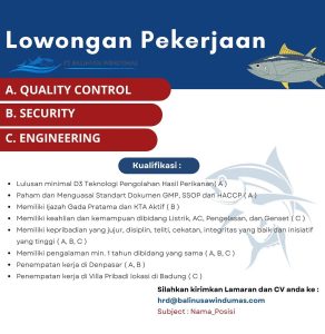 Lowongan Kerja Sebagai Quality Control, Security. Engineering untuk PT. Balinusa Windumas Penempatan di Denpasar