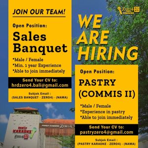 Lowongan Kerja Sebagai Sales, Pastry (Commis II), Cashier (Receptionist), Server Karaoke untuk Zero 4 Family Karaoke Penempatan di Legian, Badung