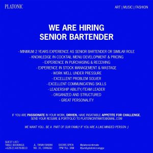 Lowongan Kerja Sebagai Senior Bartender, Cook, Hostess, Server untuk Platonic Penempatan di Canggu, Badung