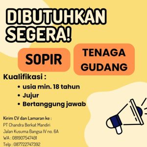 Lowongan Kerja Sebagai Sopir, Tenaga Gudang untuk PT. Chandra Berkat Mandiri Penempatan di Denpasar