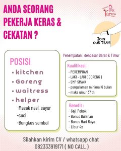 Lowongan Kerja Sebagai Staff Kitchen, Goreng, Waitress dan Helper untuk Pink Tempong Penempatan di Denpasar 