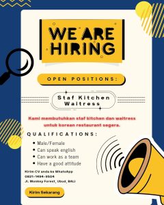 Lowongan Kerja Sebagai Staff Kitchen dan Waitress untuk Restaurant Penempatan di Ubud, Gianyar 