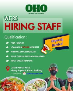 Lowongan Kerja Sebagai Staff untuk OHO Salad Bar and Coffee Shop Penempatan di Kuta, Badung