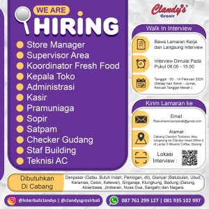 Lowongan Kerja Sebagai Store Manager, Supervisor Area, Koordinator Fresh Food, Kepala Toko, Administrasi, Dll untuk Clandy’s Penempatan di Bali