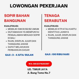 Lowongan Kerja Sebagai Supir Bahan Bangunan, Tenaga Serabutan untuk UD. Timur Jaya Penempatan di Denpasar
