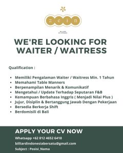 Lowongan Kerja Sebagai Waiter/Waitress, Staff Accounting, Janitor/ Cleaning Service untuk Zein Billiard & Cafe Penempatan di Denpasar 