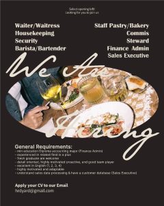 Lowongan Kerja Sebagai Waiter/ss, Housekeeping, Security, Barista/Bartender, Staff Pastry/Bakery, Dll untuk Penempatan di Bali